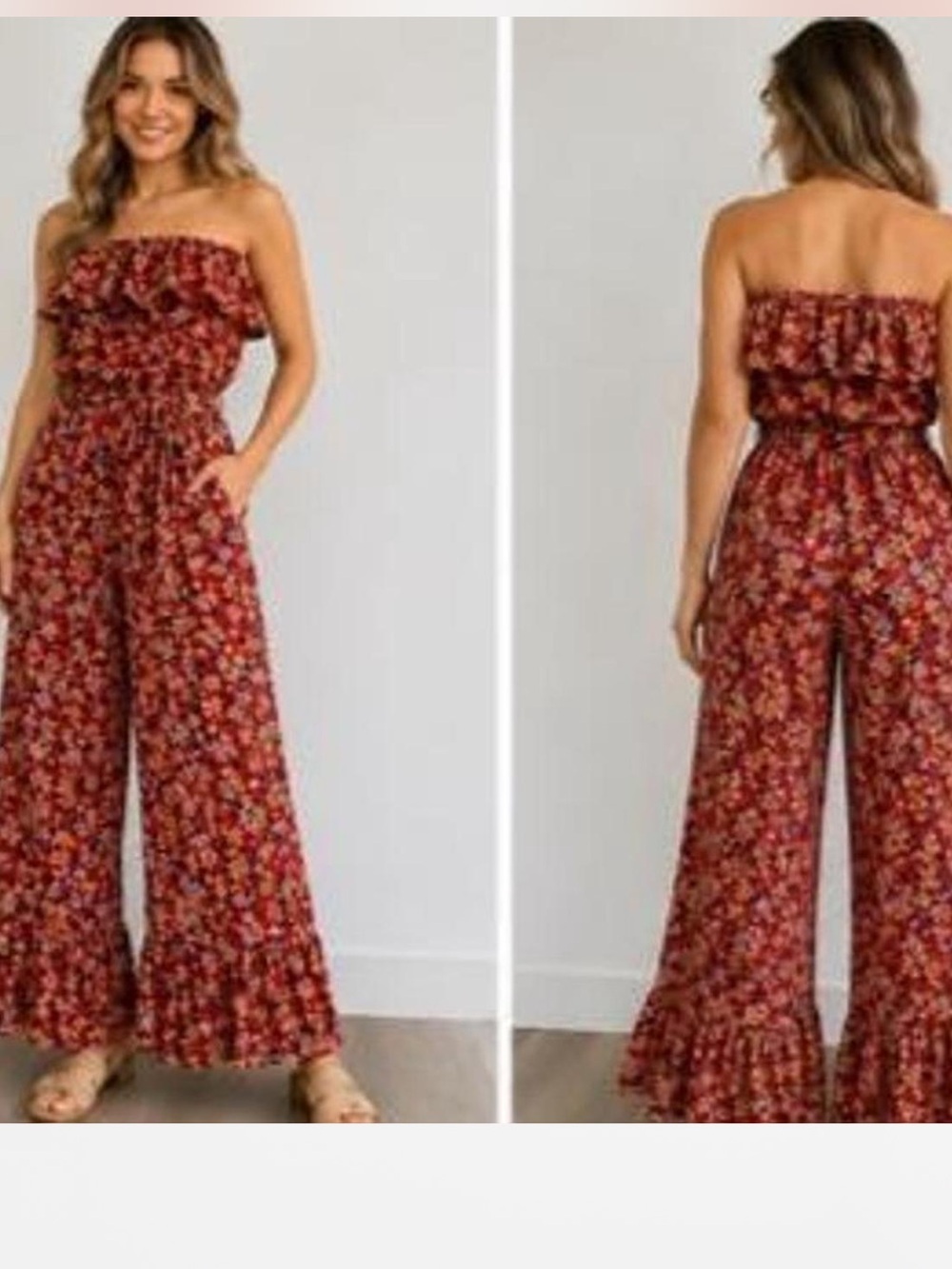 Umgee Strapless Floral Wide-Leg Jumpsuit - Red Multi